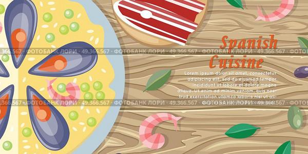 Spanish Cuisine Web Banner. Paella. Jamon. Tapas. Spanish cuisine banner isolated on wooden background. Paella traditional Spanish meal with rice and seafood. Jamon dry-cured ham. Tapas appetizers, snacks. Spain food concept in flat design. Vector. Стоковая иллюстрация, агентство Ingram Publishing / Фотобанк Лори