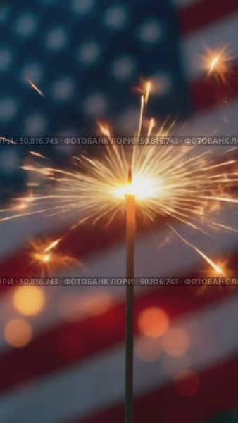 Sparklers and american Flag. Independence day USA . Celebration 4th of July - Patriotic Holiday. Стоковое AI-видео, аниматор Sergey Grishin / Фотобанк Лори