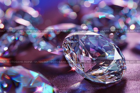 Sparkling diamonds reflecting light on purple background. Стоковое AI-изображение, AI-художник Иван Рябоконь / Фотобанк Лори