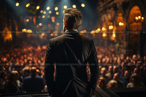 Speaker man boldly stands amidst a vast crowd, captivated by his presence, as he fearlessly addresses them. Стоковое AI-изображение, AI-художник Данила Большаков / Фотобанк Лори