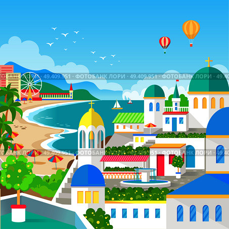 Spectacular view of resort town with long beach, amazing old-fashioned architecture, air balloons in sky and green spaces vector illustration.. Spectacular View of Resort Town with Long Beach. Стоковая иллюстрация, агентство Ingram Publishing / Фотобанк Лори