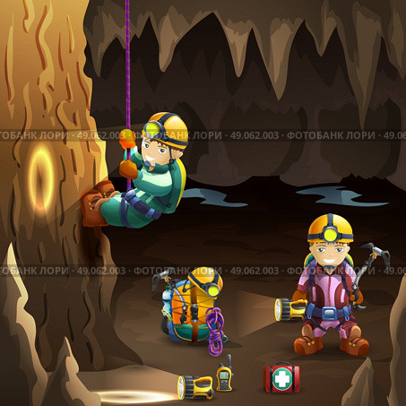 Speleologists in cave 3d background poster . Professionally equipped  speleologists in cave with stalagmite and stalactite on the background 3d poster abstract vector illustration. Стоковая иллюстрация, агентство Ingram Publishing / Фотобанк Лори