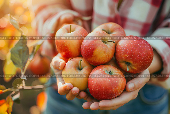Спелые  яблоки в ладонях, сорт Honey Crisp. Стоковое AI-изображение, AI-художник Щеголева Ольга / Фотобанк Лори