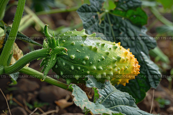 Spiky green and yellow wild cucumber growing on vine. Стоковое AI-изображение, AI-художник Иван Рябоконь / Фотобанк Лори