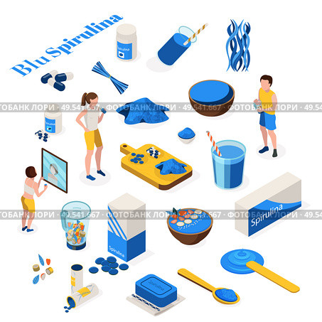 Spirulina isometric recolor set with isolated images of various products made with blue cyanobacteria with text vector illustration. Стоковая иллюстрация, агентство Ingram Publishing / Фотобанк Лори