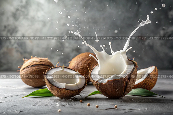 Splashes of coconut milk and palm leaves. Coconuts with a milky splash on a gray background. A banner for sweets, spa cosmetics or creams for body and face care. Стоковое AI-изображение, AI-художник Photojuli / Фотобанк Лори