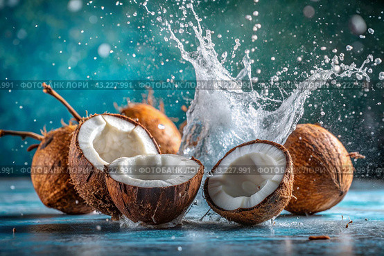 Splashes of coconut milk and palm leaves. Coconuts with a milky splash on a blue background. A banner for sweets, spa cosmetics or creams for body and face care. Стоковое AI-изображение, AI-художник Photojuli / Фотобанк Лори