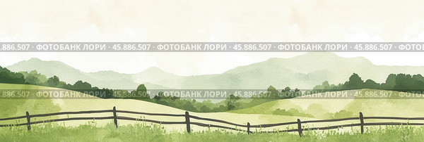 Спокойный весенний сельский пейзаж с холмами и зеленью. Стоковое AI-изображение, AI-художник ФотоИнтеллект / Фотобанк Лори