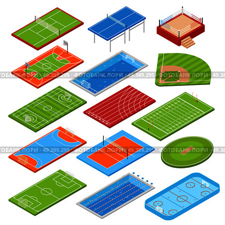 Sport clubs football soccer fields isometric icons collection with basketball tennis courts boxing ring swimming pool vector illustration . Sport Fields Isometric Set. Стоковая иллюстрация, агентство Ingram Publishing / Фотобанк Лори