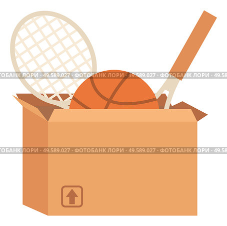 Sport equipment in box, garage sale or declutter vector. Tennis or badminton rackets and basketball, sporting items selling, second hand goods, trade. Garage Sale or Declutter, Sport Equipment in Box. Стоковая иллюстрация, агентство Ingram Publishing / Фотобанк Лори