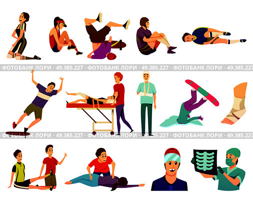 Sport injury flat colorful icons collection of isolated athletes suffering from traumas and sports medicine doctors vector illustration. Injured Players Character Set. Стоковая иллюстрация, агентство Ingram Publishing / Фотобанк Лори