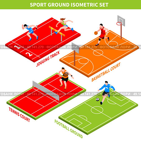 Sport Isometric Concept. Isometric concept with jogging track and colorful courts and grounds for various sport games isolated on white background vector illustration. Стоковая иллюстрация, агентство Ingram Publishing / Фотобанк Лори