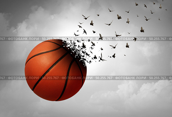 Sport loss concept and depression and tragic sport event and grief psychology symbol as a basketball transforming to birds as a depressed fan from a sad eye in a 3D illustration style. Стоковое фото, агентство Ingram Publishing / Фотобанк Лори