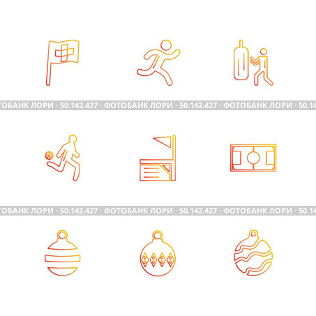 sports , games , atheletes , balls , fitness , football , fifa , russia , cricket , ball , bat , wicket, gym ,  tennis , running, race , hurdles , shoes , flag , icon, vector, design,  flat,  collection, style, creative,  icons. Стоковая иллюстрация, агентство Ingram Publishing / Фотобанк Лори