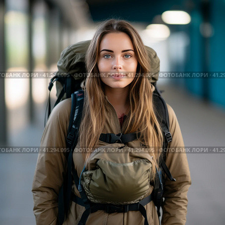 Sporty american woman backpacking. Стоковое фото, фотограф Данил Руденко / Фотобанк Лори