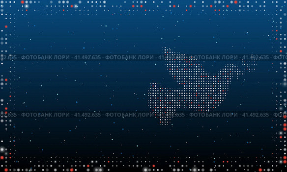 Справа изображен символ голубя мира, заполненный белыми точками. Стиль пуантилизма. Абстрактная футуристическая рамка из точек и кругов. Некоторые точки красные. Иллюстрация на синем фоне со звездами. Стоковая иллюстрация, иллюстратор Карпенко Алексей / Фотобанк Лори