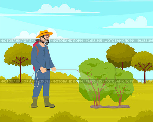 Spraying pesticide and insecticide. Processing of trees. Farmer exterminator in protective suit holding sprayer fertilizer spraying bushes. Chemical treatment of garden plant spring seasonal farm work. Spraying pesticide and insecticide. Processing of trees. Chemical treatment of garden plants. Стоковая иллюстрация, агентство Ingram Publishing / Фотобанк Лори