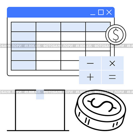 Spreadsheet with cells, calculator with arithmetic signs, dollar coin, and package box. Ideal for finance, budgeting, accounting, e-commerce logistics economics inventory control. Line metaphor. Financial management tools with spreadsheet, calculator icons, currency symbol, and package for logistics. Стоковая иллюстрация, агентство Ingram Publishing / Фотобанк Лори