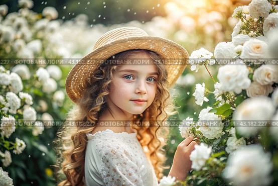 Spring flowering. Portrait of a beautiful curly-haired girl in a straw hat and dress in a blooming rose garden. Childhood. The girl poses and looks at the camera. Стоковое AI-изображение, AI-художник Photojuli / Фотобанк Лори