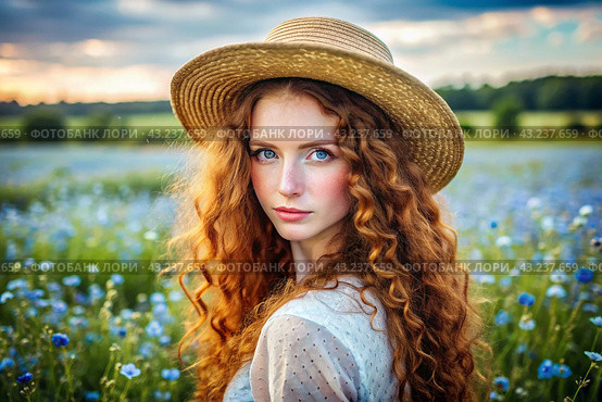 Spring flowering. Portrait of a beautiful curly-haired girl in a straw hat in a blooming field. The girl poses and looks at the camera. Стоковое AI-изображение, AI-художник Photojuli / Фотобанк Лори