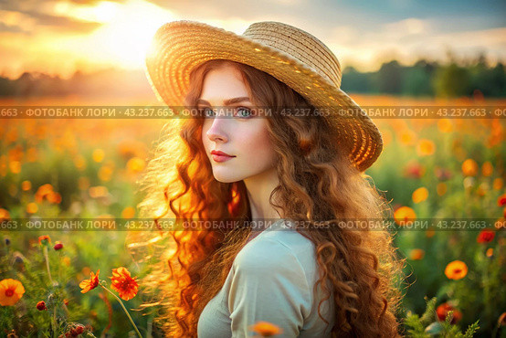 Spring flowering. Portrait of a beautiful curly-haired girl in a straw hat in a blooming field. The girl poses and looks at the camera. Стоковое AI-изображение, AI-художник Photojuli / Фотобанк Лори