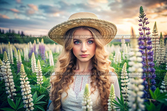 Spring flowering. Portrait of a beautiful curly-haired girl in a straw hat in a blooming field of lupines. The girl poses and looks at the camera. Стоковое AI-изображение, AI-художник Photojuli / Фотобанк Лори
