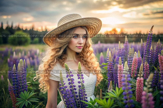 Spring flowering. Portrait of a beautiful curly-haired girl in a straw hat in a blooming field of lupines. The girl poses and looks at the camera. Стоковое AI-изображение, AI-художник Photojuli / Фотобанк Лори