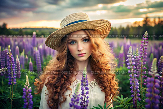 Spring flowering. Portrait of a beautiful curly-haired girl in a straw hat in a blooming field of lupines. The girl poses and looks at the camera. Стоковое AI-изображение, AI-художник Photojuli / Фотобанк Лори