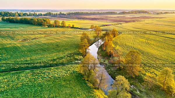 Spring morning landscape. Calm river in blooming meadows. Aerial rural view from above. Agricultural yellow green colza fields. Rapeseed and dandelion blossom scene. Europe, Belarus. Стоковое фото, агентство Ingram Publishing / Фотобанк Лори