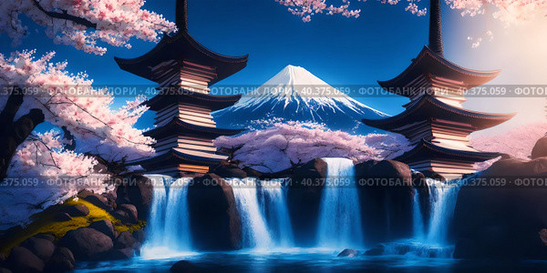 Spring sakura blossom, pagoda against the backdrop of Mount Fuji, landscape. Стоковое AI-изображение, AI-художник Сергей Елизарьев / Фотобанк Лори