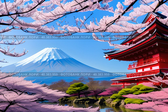 Spring sakura blossom, pagoda against the backdrop of Mount Fuji, landscape. Стоковое AI-изображение, AI-художник Сергей Елизарьев / Фотобанк Лори