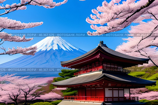 Spring sakura blossoms against the backdrop of Mount Fuji, landscape. Стоковое AI-изображение, AI-художник Сергей Елизарьев / Фотобанк Лори
