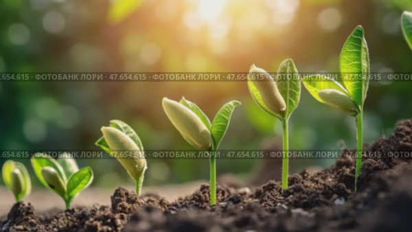 Sprout Growth. Seedling growing steps. Development Process. Saplings sprouting in the rich soil on a blurred green natural background, sunlight. Positive indicators business success concept. Planting. Стоковое AI-видео, аниматор Марина Демидюк / Фотобанк Лори