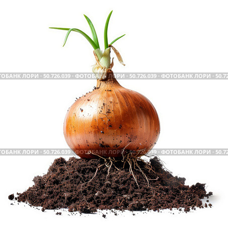 Sprouting onion bulb growing in fertile soil on white background. Стоковое AI-изображение, AI-художник Иван Рябоконь / Фотобанк Лори