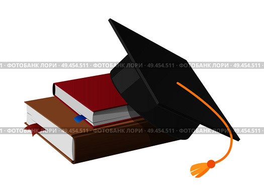 Square academic hat with tassel on pile of books vector illustrations isolated on white. Mortarboard cup symbol of wisdom in flat style. Square Academic Hat with Tassel on Pile of Books. Стоковая иллюстрация, агентство Ingram Publishing / Фотобанк Лори