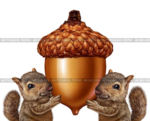 Squirrels holding an acorn as friendly teamwork of cute furry rodent characters gripping a giant nut signage for advertising and marketing as a message from animal wildlife or as a symbol of savings and financial investment of assets. Стоковое фото, агентство Ingram Publishing / Фотобанк Лори