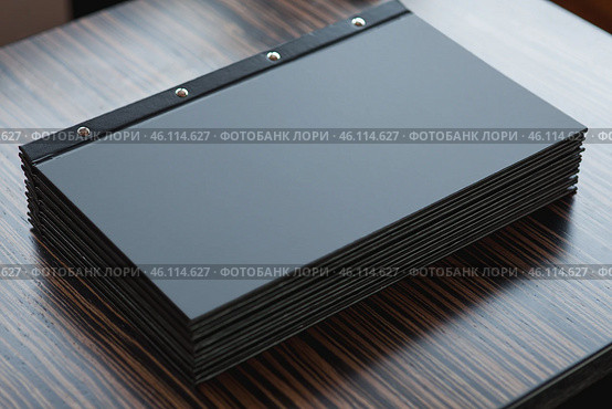 Stack of black restaurant menus with metal rivets on wooden table. Minimalist design, strict style, elegance, premium presentation for cafes, bars, and high-end restaurants. Restaurant menu on table. Стоковое фото, фотограф Сергей Тимофеев / Фотобанк Лори