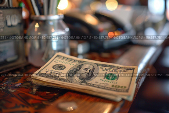 Stack of cash laying on a wooden bar with a blurred background. Стоковое AI-изображение, AI-художник Иван Рябоконь / Фотобанк Лори