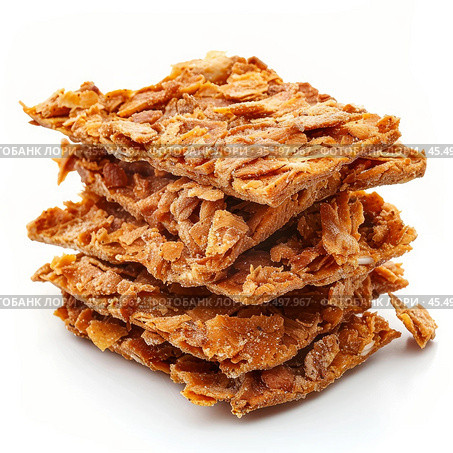 Stack of crispy almond brittle cookies forming a delicious treat. Стоковое AI-изображение, AI-художник Иван Рябоконь / Фотобанк Лори