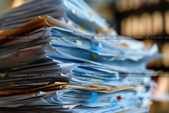 Stack of documents piling up on a desk. Стоковое AI-изображение, AI-художник Иван Рябоконь / Фотобанк Лори