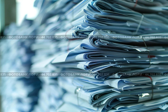 Stack of paperwork representing administrative burden. Стоковое AI-изображение, AI-художник Иван Рябоконь / Фотобанк Лори