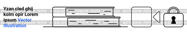 Stack of two books with text, focus icon aimed at padlock. Ideal for education, learning concepts, publishing, copyright, library system, secure data intellectual property. Landing page. Stack of Books and Padlock Representing Secure Knowledge and Information Protection. Стоковая иллюстрация, агентство Ingram Publishing / Фотобанк Лори