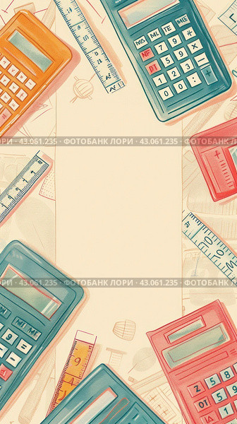 Stacked calculators on table forming a tower of rectangles. Стоковое AI-изображение, AI-художник Юрий Поздников / Фотобанк Лори