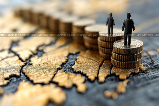 Stacks of coins with miniature figures of people on them. The coins are arranged on a world map, symbolizing global finance, economics, and international cooperation. The image is associated with the concept of economic growth, investment, and financial planning. Стоковое AI-изображение, AI-художник Анна Кривицкая / Фотобанк Лори