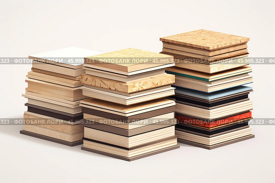 Stacks of different construction materials showing wood composites and laminates. Стоковое AI-изображение, AI-художник Иван Рябоконь / Фотобанк Лори