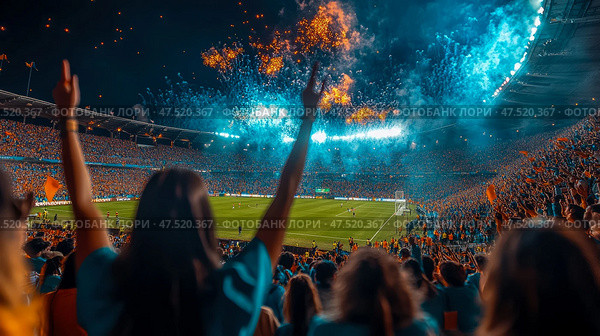 Stadium Celebration: A jubilant throng cheers under a fireworks sky, fans' elation and fervor electrifying the night event. Стоковое AI-изображение, AI-художник Данила Большаков / Фотобанк Лори