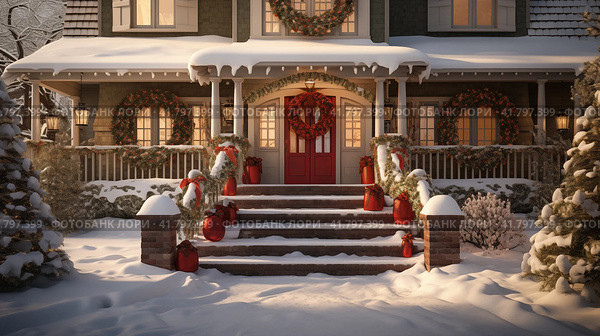 Staircase outside, in a country house, decorated for Christmas, snow-covered, at dusk. Стоковое AI-изображение, AI-художник Zakharova Natasha / Фотобанк Лори