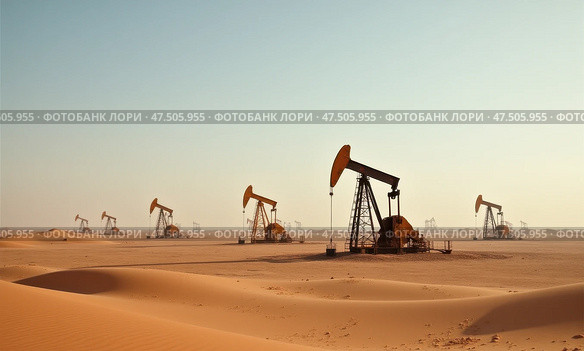 Станок-качалка нефти в пустыне. Стоковое AI-изображение, AI-художник Илья Старков / Фотобанк Лори
