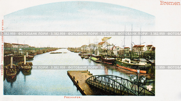 Старая дореволюционная открытка. Город Бремен. Пейзаж с кораблями. (2012 год). Стоковое фото, фотограф Игорь Низов / Фотобанк Лори