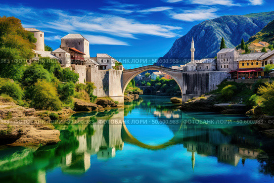 Stari most reflecting in neretva river flowing through mostar, bosnia and herzegovina. Стоковое AI-изображение, AI-художник Иван Рябоконь / Фотобанк Лори